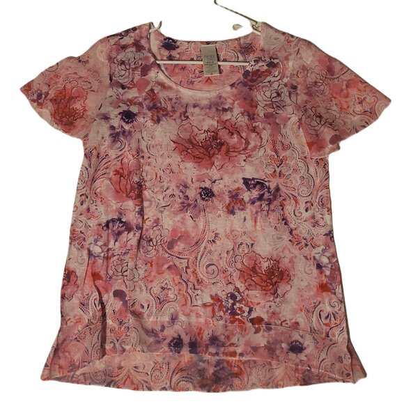 Time And Tru Womens Sz M 8-10 Multicolor Floral Short Sleeve Top - Picture 1 of 3